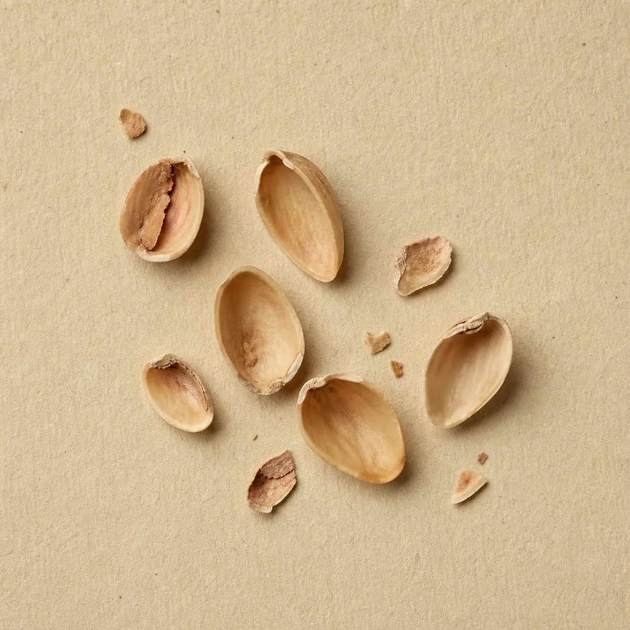 Empty pistachio shell halves on unbleached paper